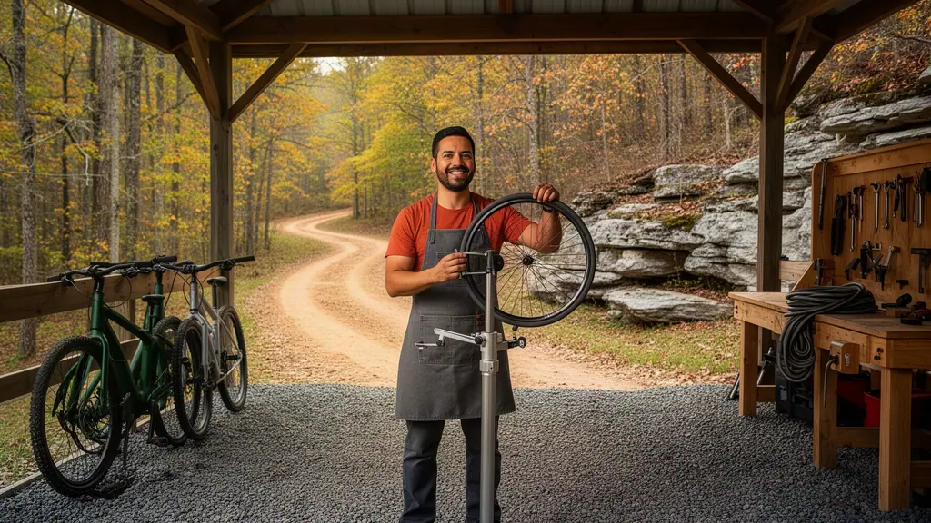 A smiling bike-shop owner trueing a wheel in an open-air workshop at a wooded trailhead with limestone ledges.